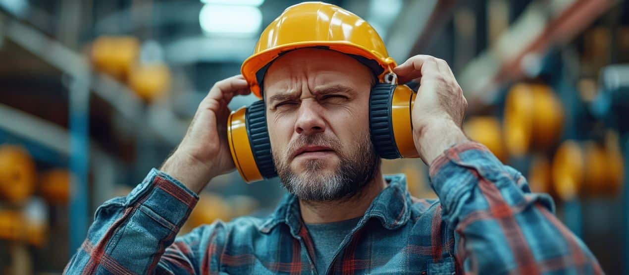 Arbeiter mit gelbem Gehörschutz und Schutzhelm in einer Werkstatt – optimale Lärmminderung durch Schallschutzmatten und persönliche Schutzausrüstung.