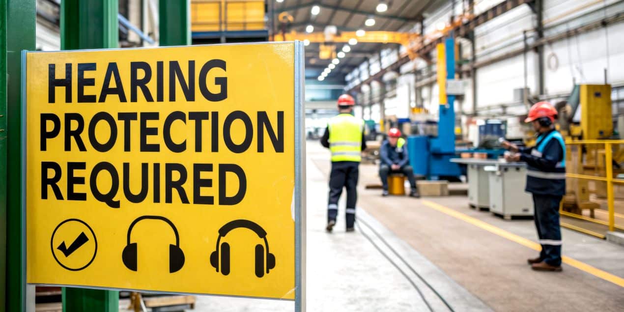 Gelbes Warnschild mit der Aufschrift ‚Hearing Protection Required‘ in einer lauten Produktionshalle – Schallschutzmatten als zusätzliche Maßnahme zur Lärmreduzierung.