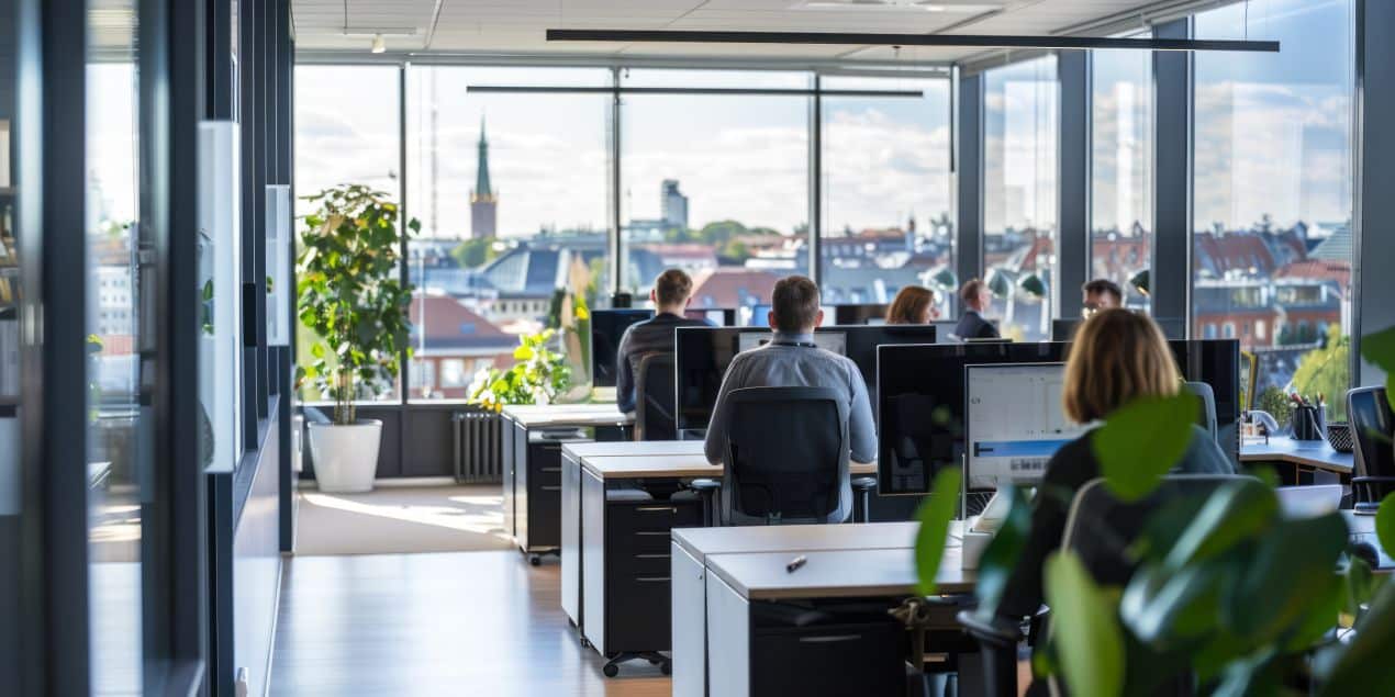 In einem offenen Grossraumbuero mit Panoramafenstern sorgen Blumentoepfe fuer lebendige Akzente zwischen Schreibtischen und Blick auf die Skyline.