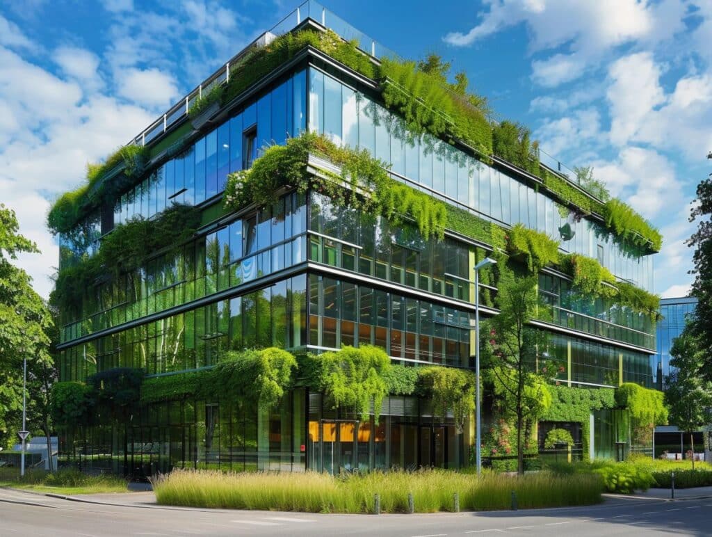Ein modernes Buerohaus mit Glasfassade, das grossflaechig mit Pflanzen und Blumentoepfen begrünt ist, steht an einer sonnigen Strasse.