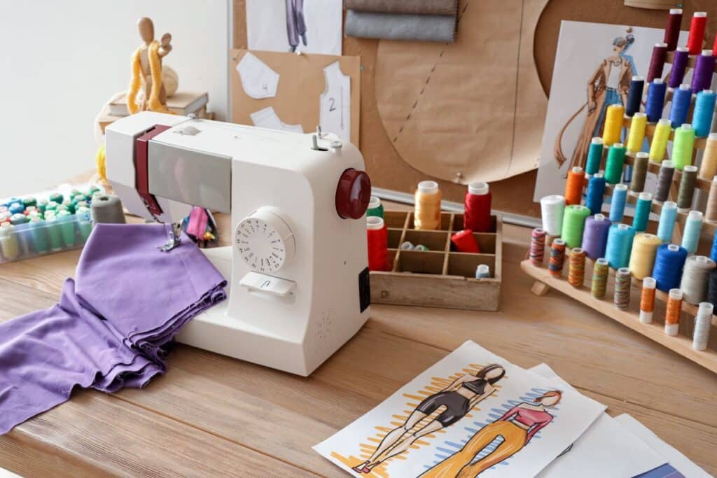 Arbeitskleidung besticken: Nähmaschine mit Garnrollen, Schnittmustern und Skizzen in einem Textildesign-Atelier