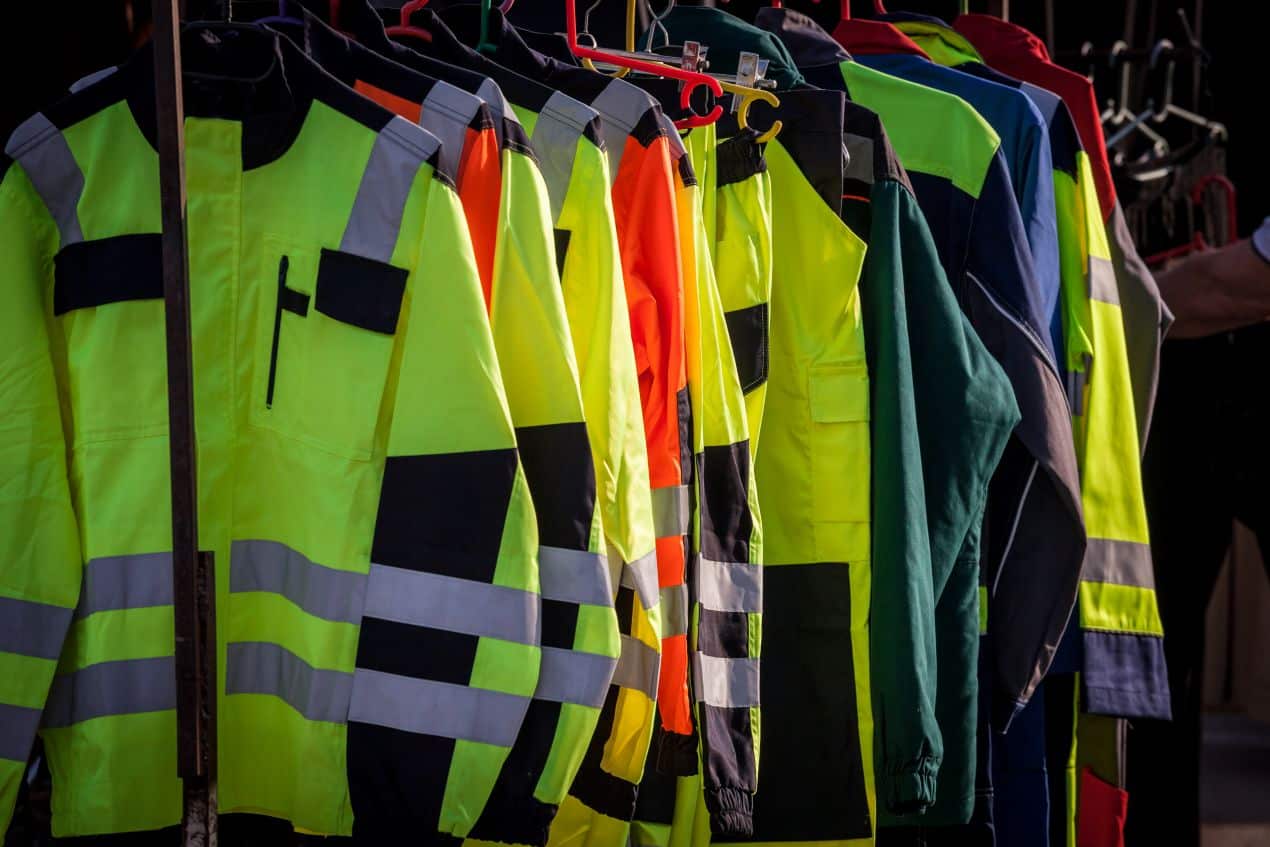 Arbeitskleidung besticken: Sicherheitsjacken mit Reflektorstreifen in verschiedenen Farben auf Kleiderstange