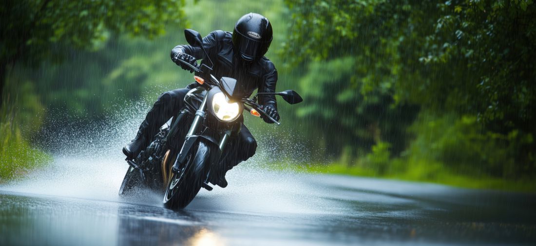 Motorradfahrer in kompletter Schutzkleidung faehrt bei Regen durch eine nasse Kurve auf einer Waldstrasse
