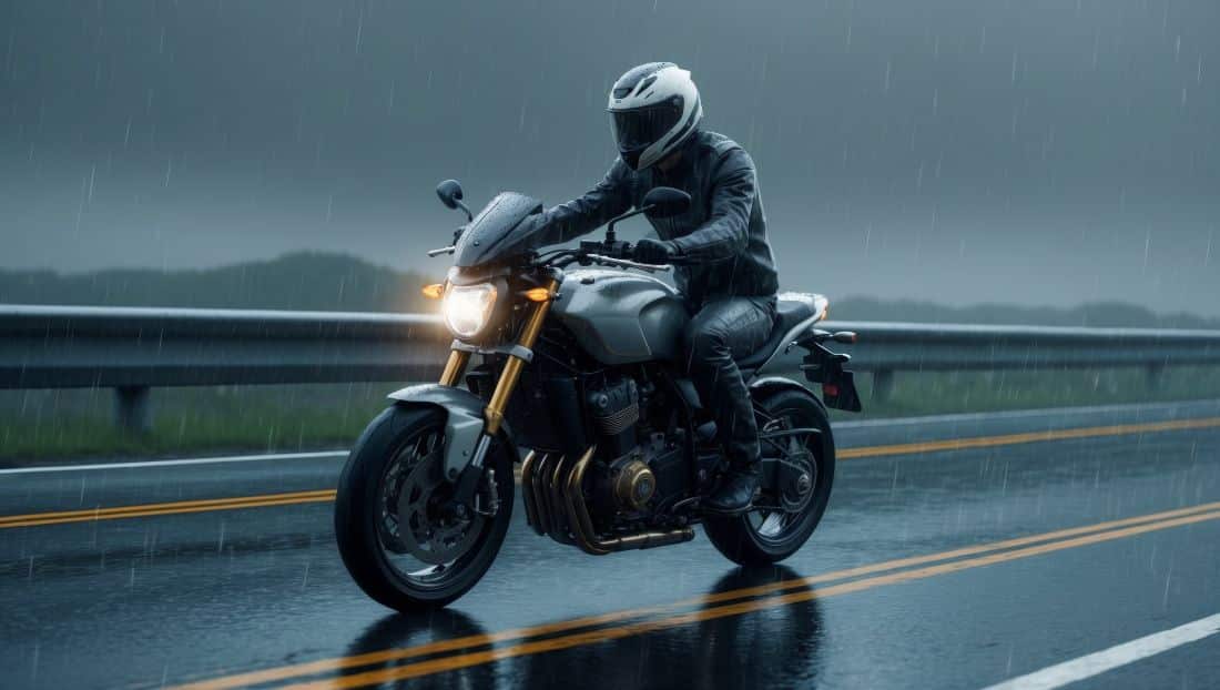 Motorradfahrer faehrt bei Regen auf nasser Landstrasse und traegt komplette wetterfeste Schutzkleidung mit Helm und Textilanzug
