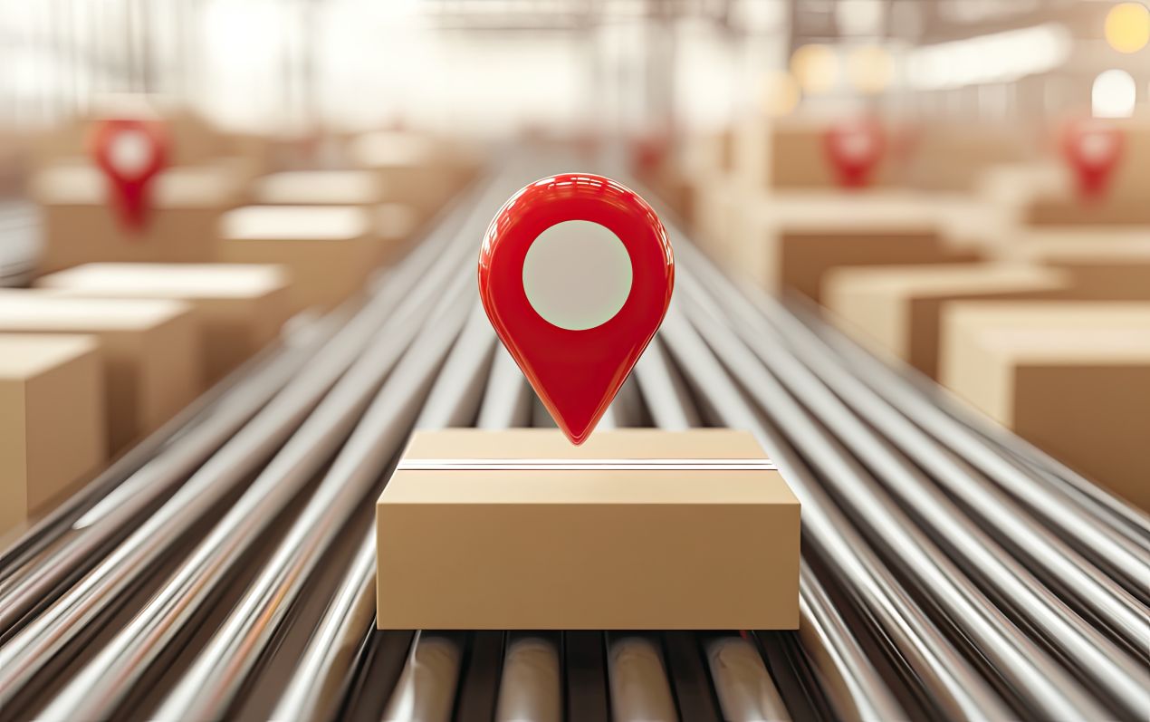 Paket mit GPS-Markierung auf Förderband – symbolisch für Tracking und automatisiertes Fahrerkarte auslesen im Lager-Workflow