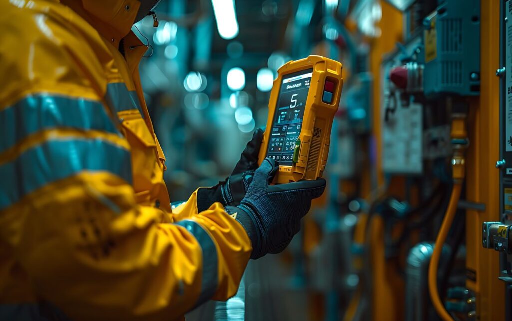 Messdienstleistung mit modernem Messgerät – Fachkraft überprüft technische Anlagen für präzise und zuverlässige Industrieprozesse