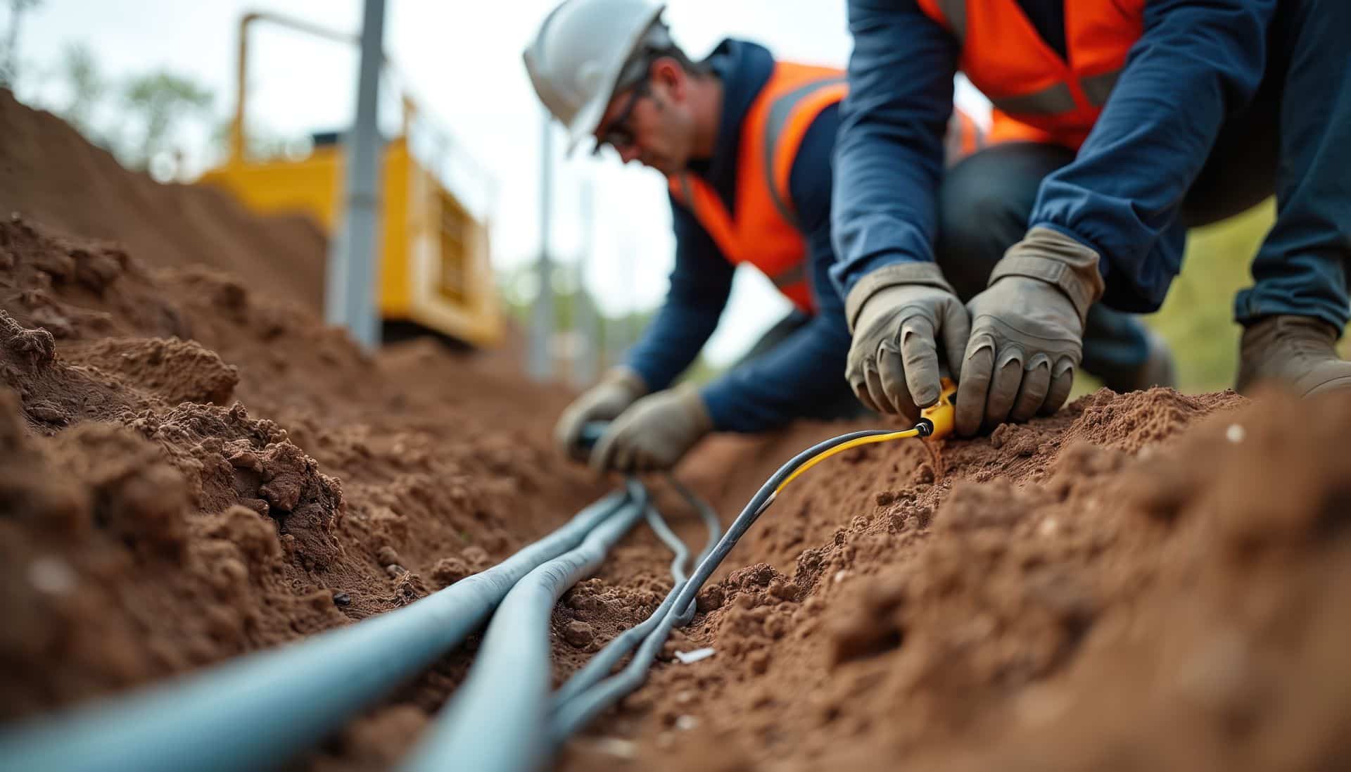 Zwei Arbeiter in Warnwesten verlegen Erdkabel per Hand in vorbereiteten Graben – symbolisiert Schulung und Präzisionsarbeit mit Grabenfräsen