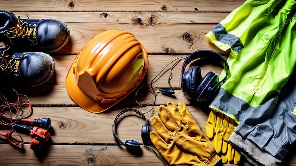 Schutzausruestung mit Helm und Handschuhen | LKW Beleuchtung