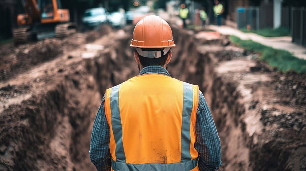 Arbeiter mit Schutzhelm blickt auf offene Baugrube im urbanen Umfeld – Symbolbild für präzise Erdarbeiten mit Grabenfräsen