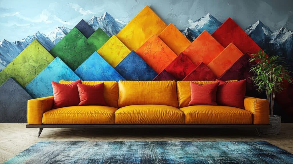 Farbige Wandstruktur mit Sofa | Wandpolster