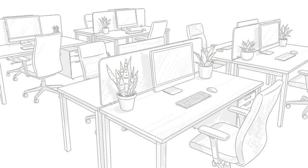 Skizze moderner Büroarbeitsplätze mit Pflanzen | Stehtische